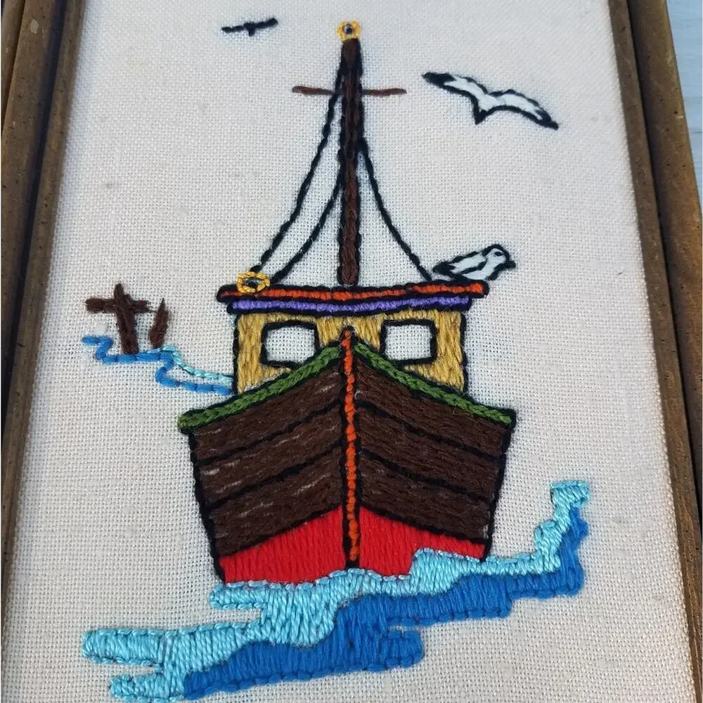 Vintage 1970s Handmade Art Needlepoint Trolley & Boat Framed Art Boho Nautical